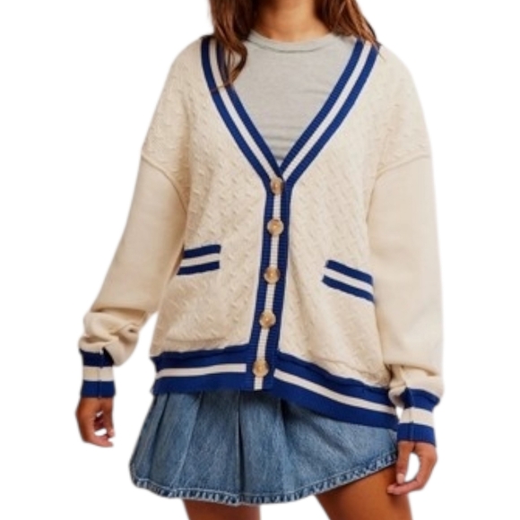 We The Free Sweaters - We The Free Varsity Cardigan Ecru Blue Cable Knit Oversized Collegiate S NWOT